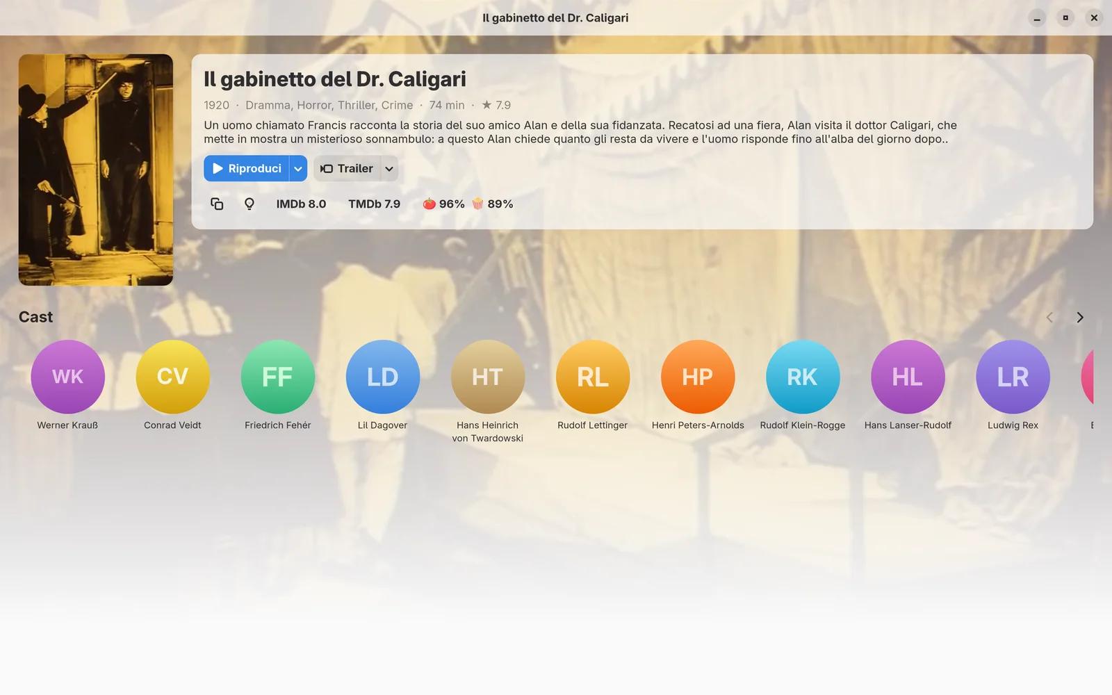La pagina di un film, con trailer, punteggi di IMDb, TMDb e Rotten Tomatoes e cast