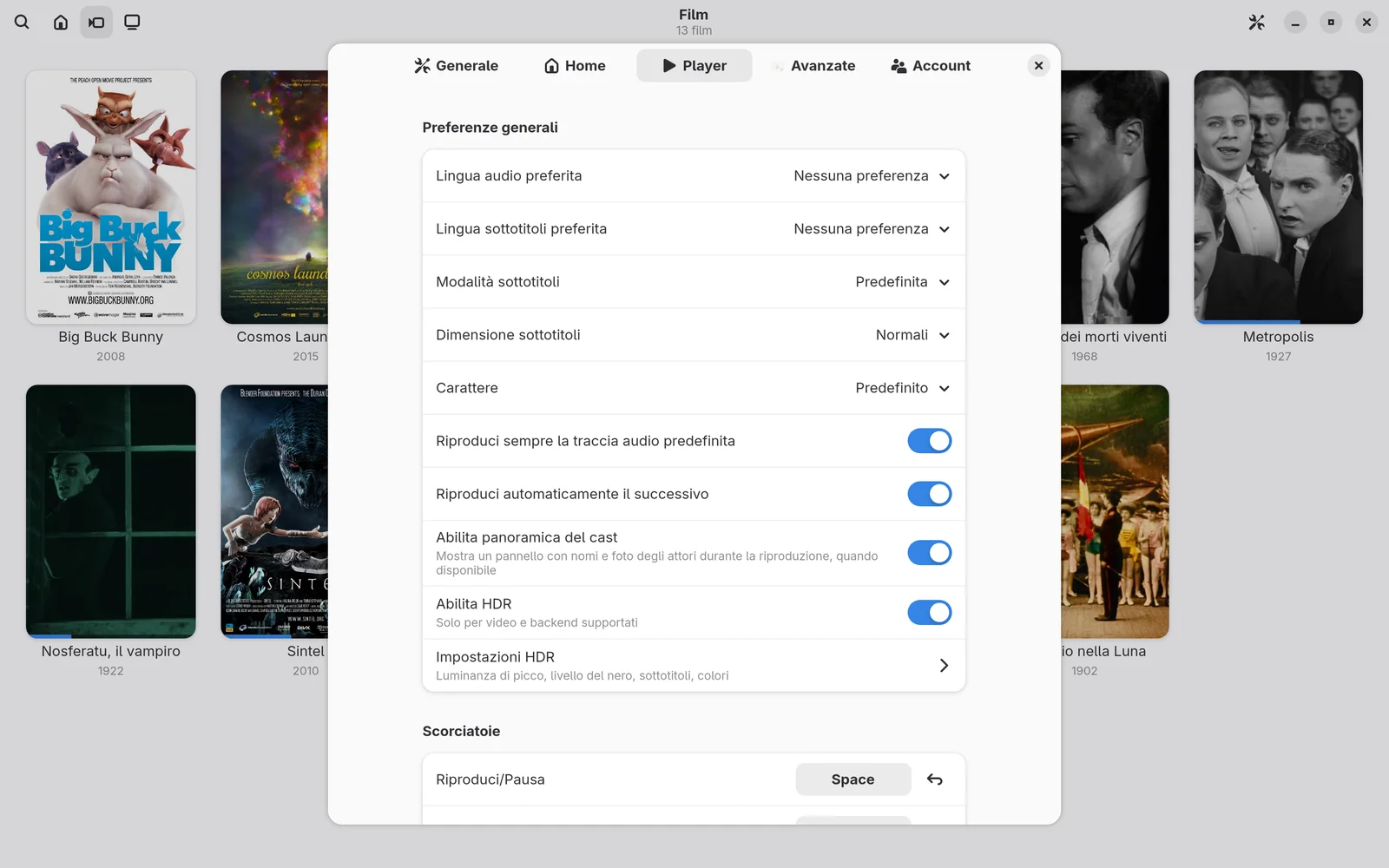 Le impostazioni del player: lingue preferite, sottotitoli, HDR e scorciatoie