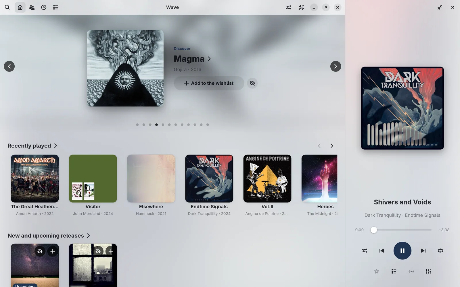 The Wave home screen, with the “Discover” carousel, recently played albums, and the player in the side panel