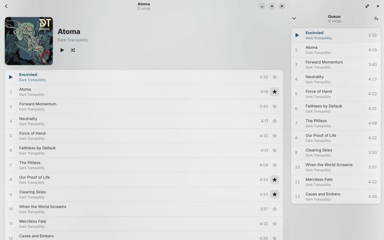 An album page during playback, with the queue in the side panel
